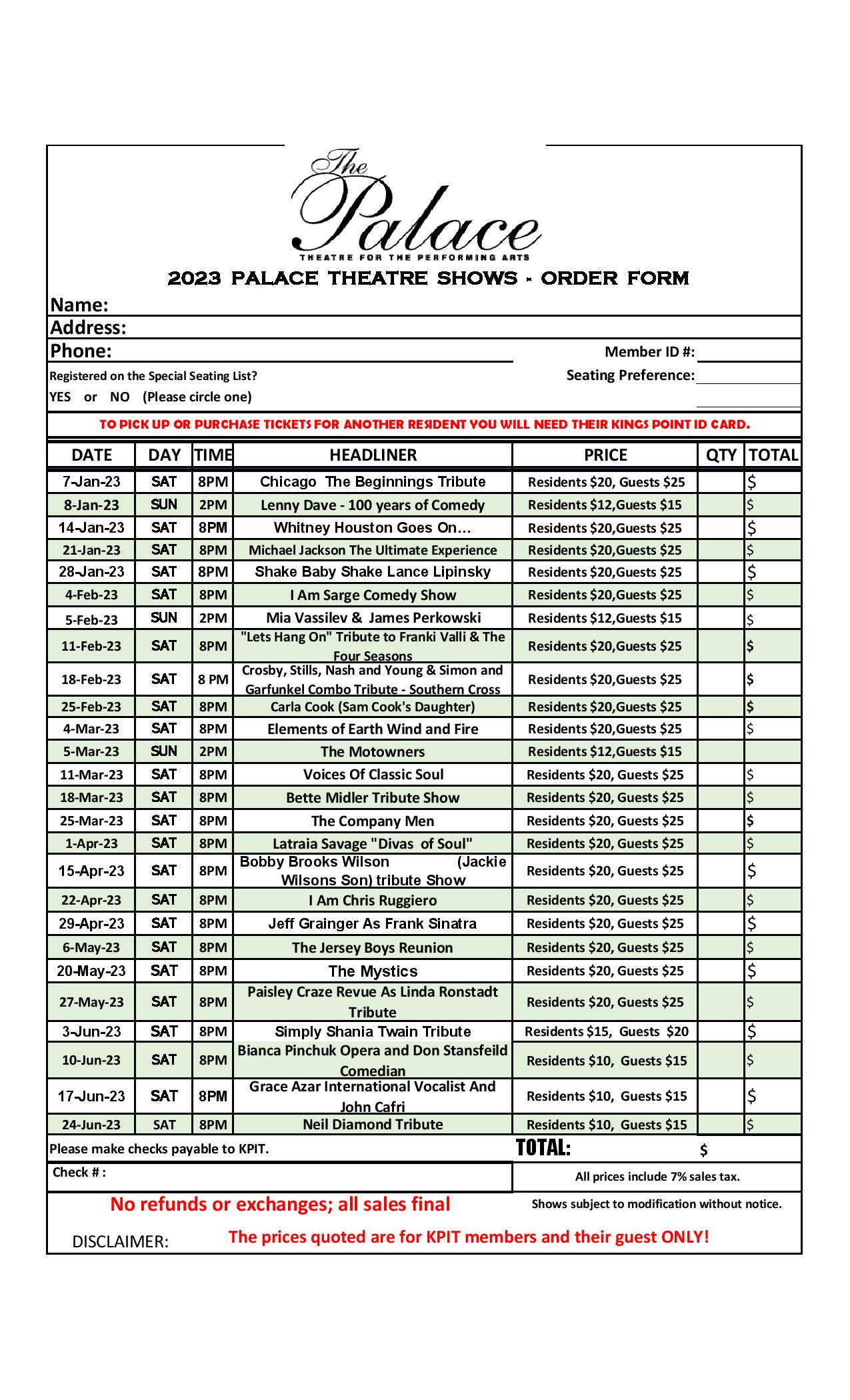THE PALACE ORDER FORM FOR PRINT Kings Point in Tamarac